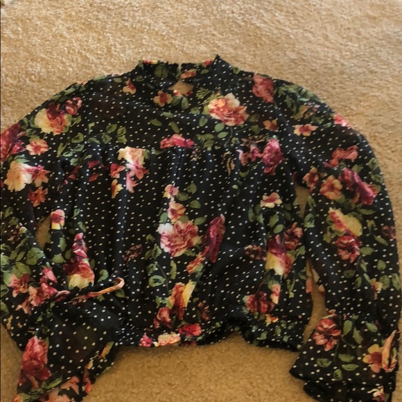 Black Polka Dot Floral Long Sleeve Blouse (M) - Picture 3 of 8